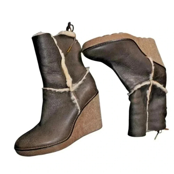 Moncler Brown Leather Merino Fur Boots Platform Wedge Booties 39 USA 8.5 - Picture 3 of 14